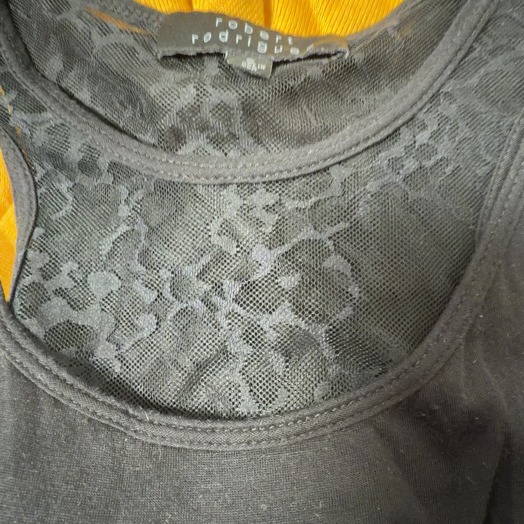 Black lace tank top with sheer lace neckline by Robert Rodriguez, back view