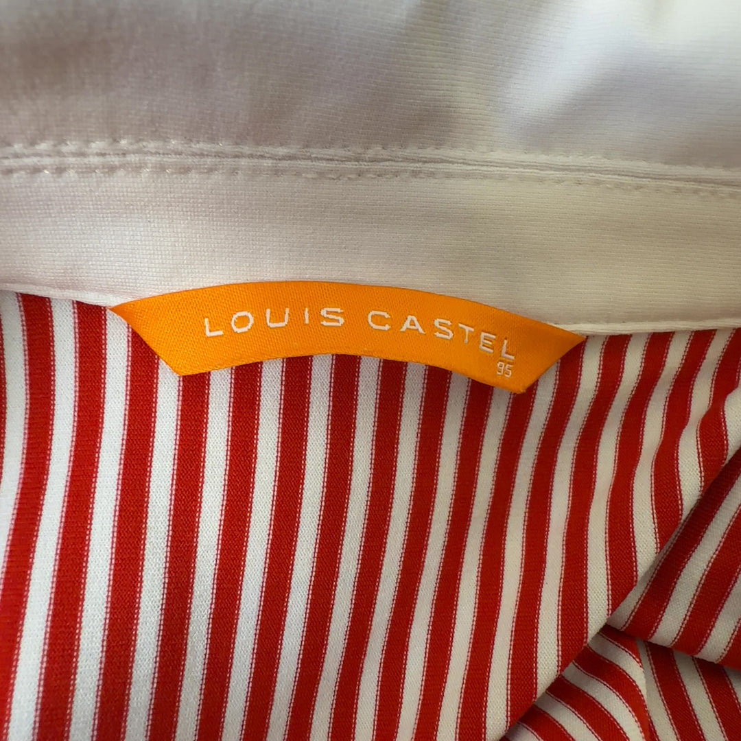 Red and white striped button-up blouse with white collar and long sleeves, back view