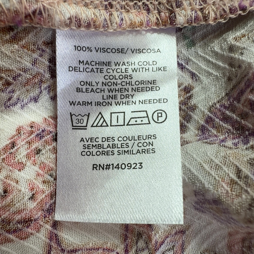 LOFT multicolor floral viscose blouse with long sleeves and gathered neckline, back view