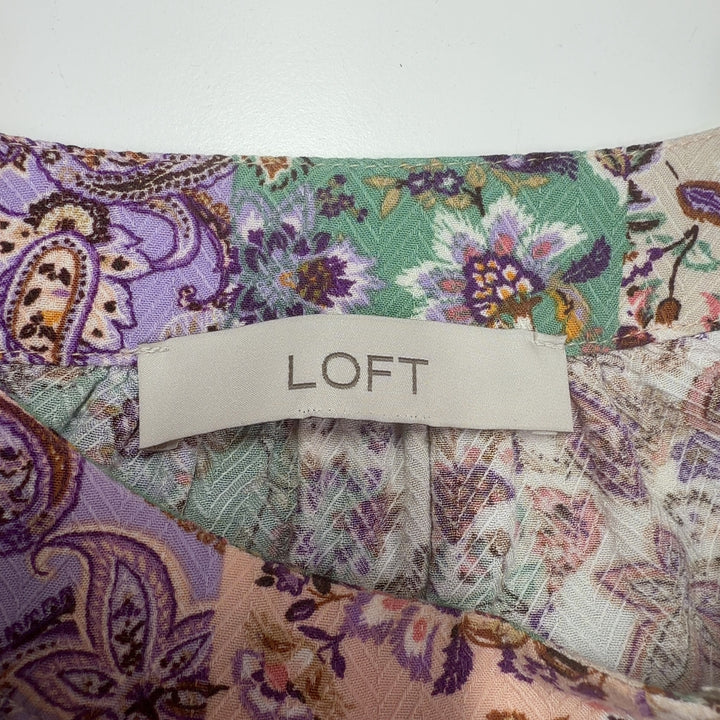 LOFT multicolor floral viscose blouse with long sleeves and gathered neckline, back view