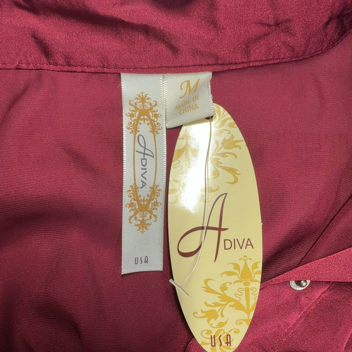 Burgundy button-up shirt with tie waist detail, back view