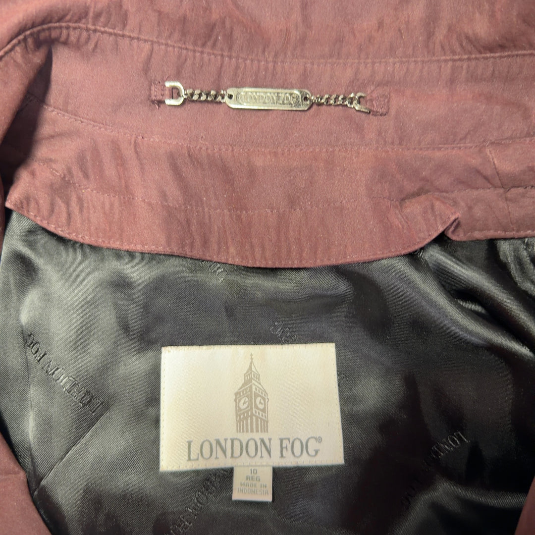 Burgundy double-breasted trench coat with adjustable belt, back view showing midi length