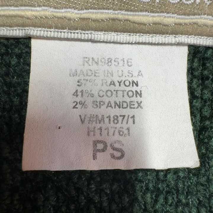 Tag view of forest green long sleeve knit dress with gathered waist and side button detail by Coldwater Creek