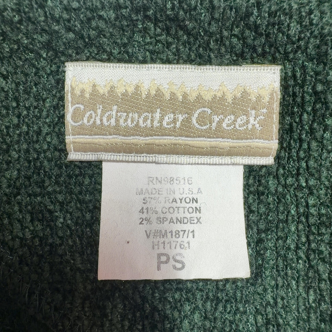 Tag view of forest green long sleeve knit dress with gathered waist and side button detail by Coldwater Creek