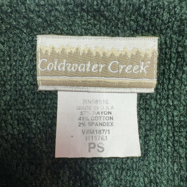 Tag view of forest green long sleeve knit dress with gathered waist and side button detail by Coldwater Creek