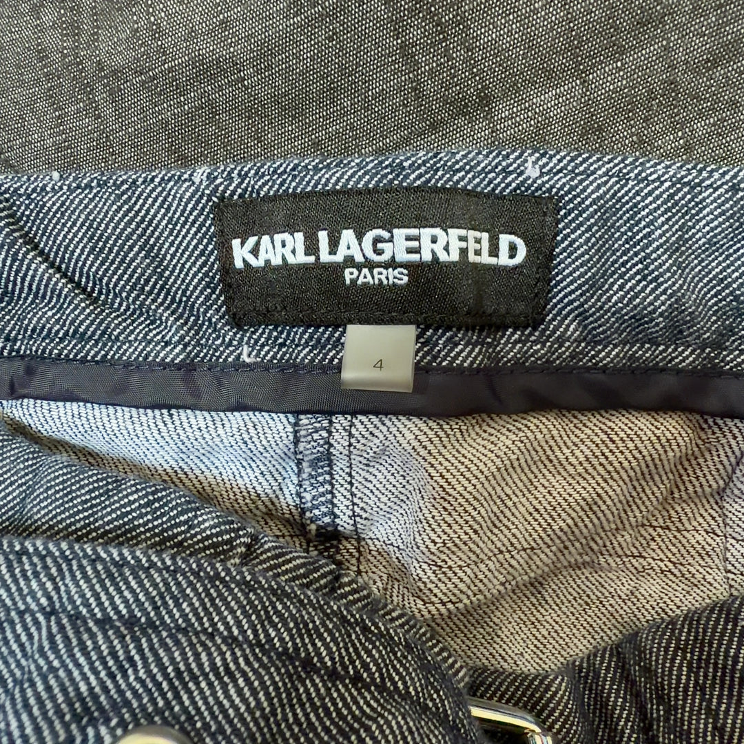 Blue denim shorts with belt detail by Karl Lagerfeld Paris, back view on model