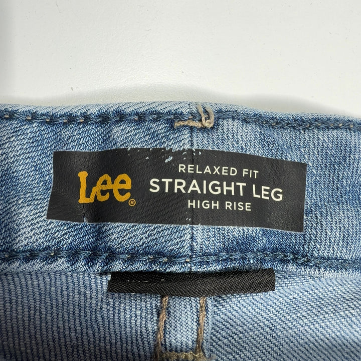 Tag view of light blue straight-leg denim jeans showing classic denim construction and fit