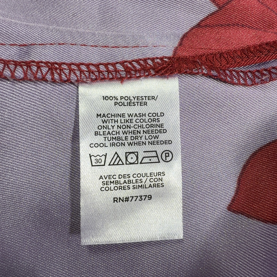 Ann Taylor red and lavender floral wrap blouse with long sleeves and tie belt, back view