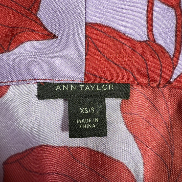 Ann Taylor red and lavender floral wrap blouse with long sleeves and tie belt, back view