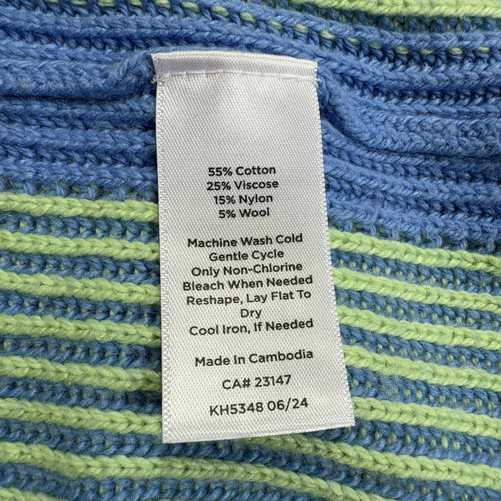 Tag view of blue ribbed knit pullover sweater showing relaxed fit and vertical ribbed texture detail