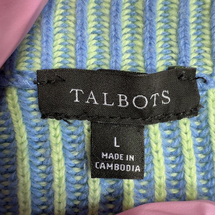 Tag view of blue ribbed knit pullover sweater showing relaxed fit and vertical ribbed texture detail