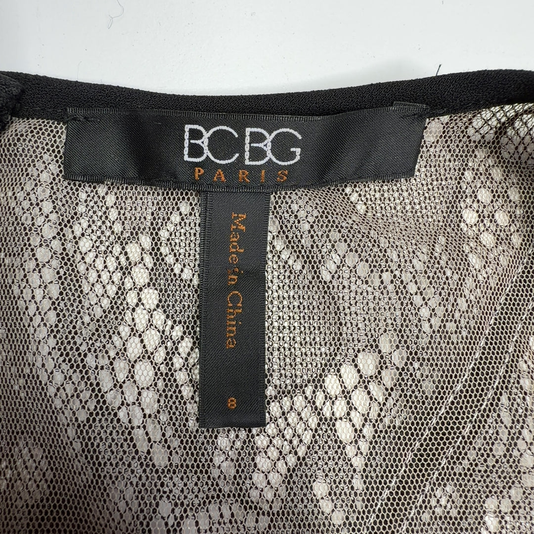 Black lace evening gown with lace panel back detail, rear view