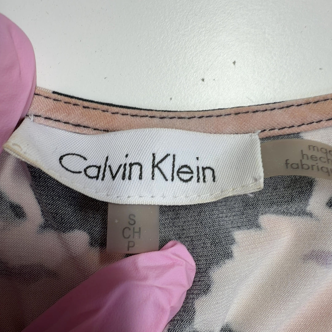 Calvin Klein black and cream floral print cotton top with three-quarter sleeves, back view