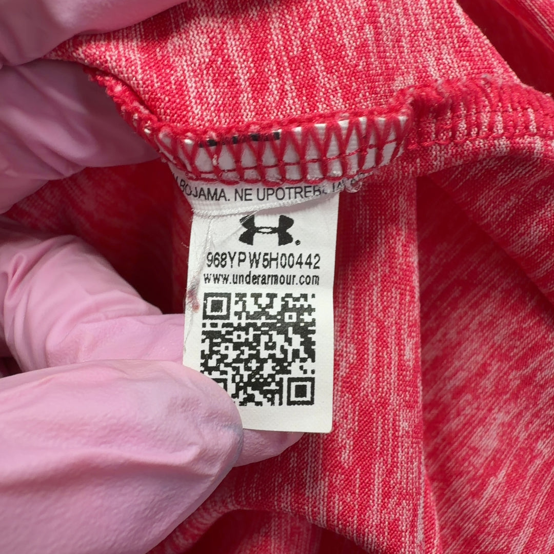 Pink heathered Under Armour V-neck activewear t-shirt back view on model