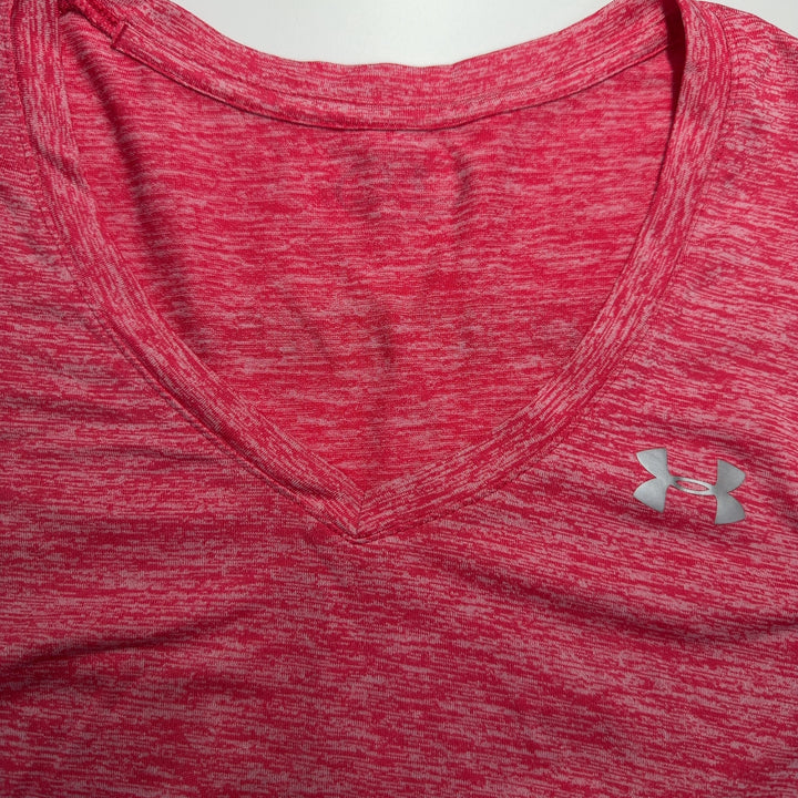 Pink heathered Under Armour V-neck activewear t-shirt back view on model