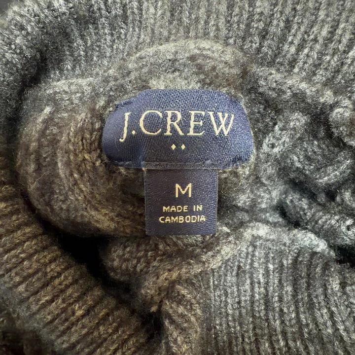 Charcoal gray cable knit turtleneck sweater by J.Crew, back view showing cable knit detail