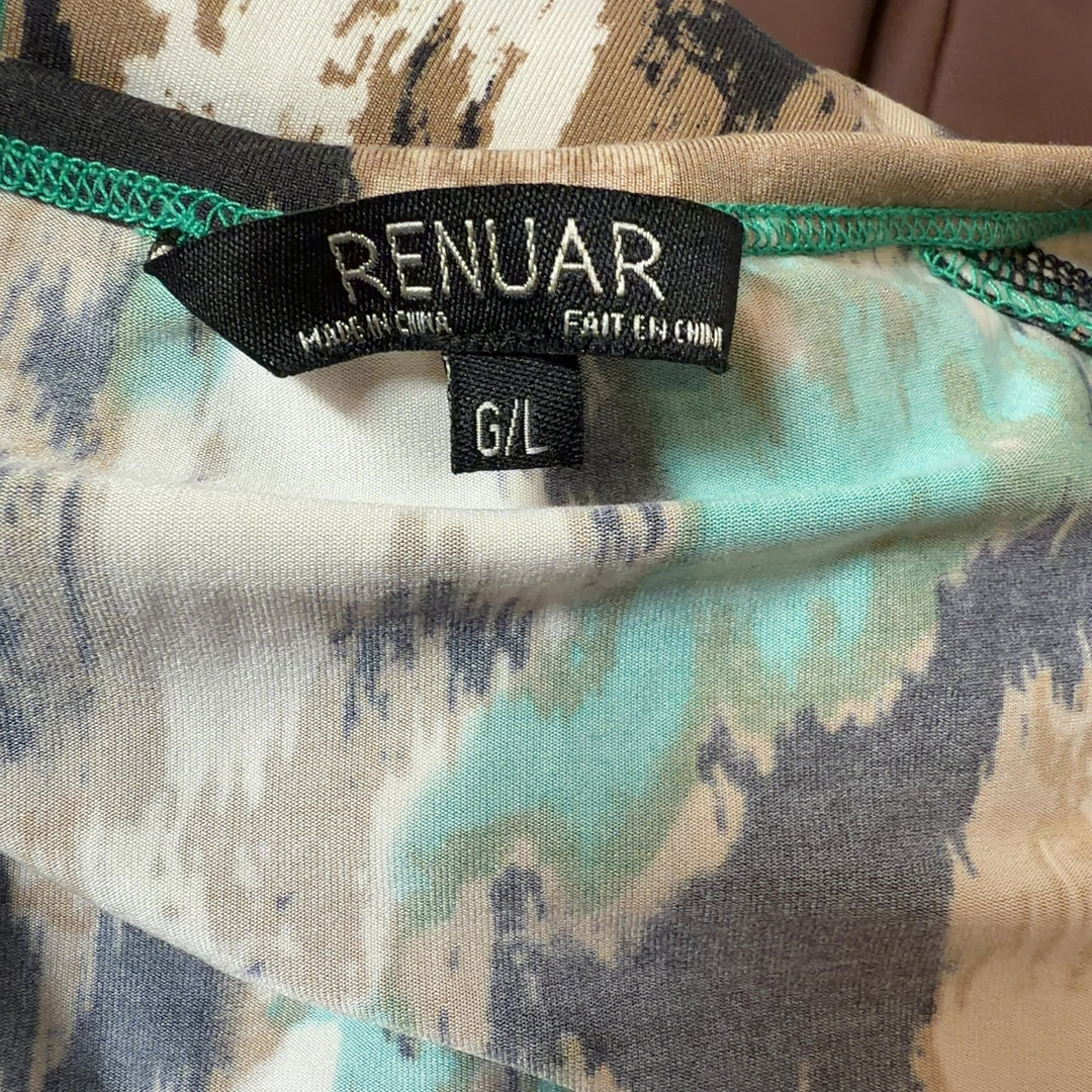 Renuar green abstract print long-sleeve top back view, showing flowing silhouette and relaxed fit