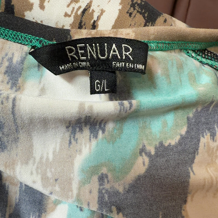 Renuar green abstract print long-sleeve top back view, showing flowing silhouette and relaxed fit
