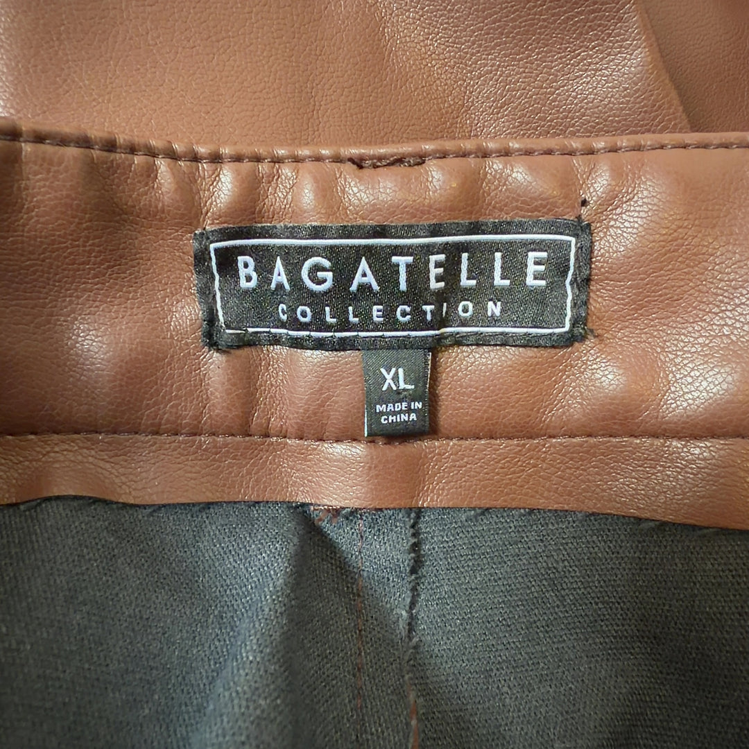 Brown leather straight-leg pants by Bagatelle, back view, showing classic five-pocket design and full-length cut