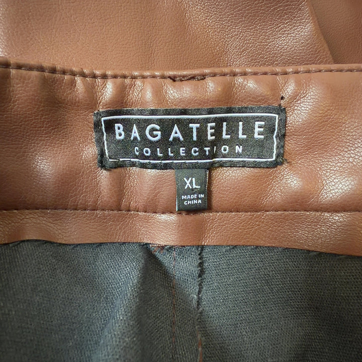 Brown leather straight-leg pants by Bagatelle, back view, showing classic five-pocket design and full-length cut