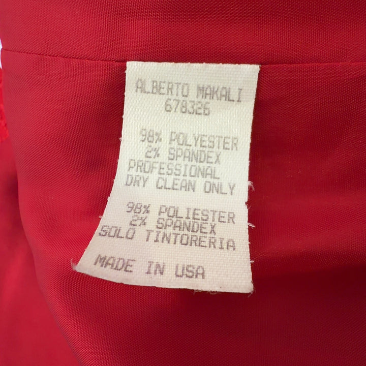 Tag view of red textured blazer by Alberto Makali showing relaxed fit and three-quarter sleeve length