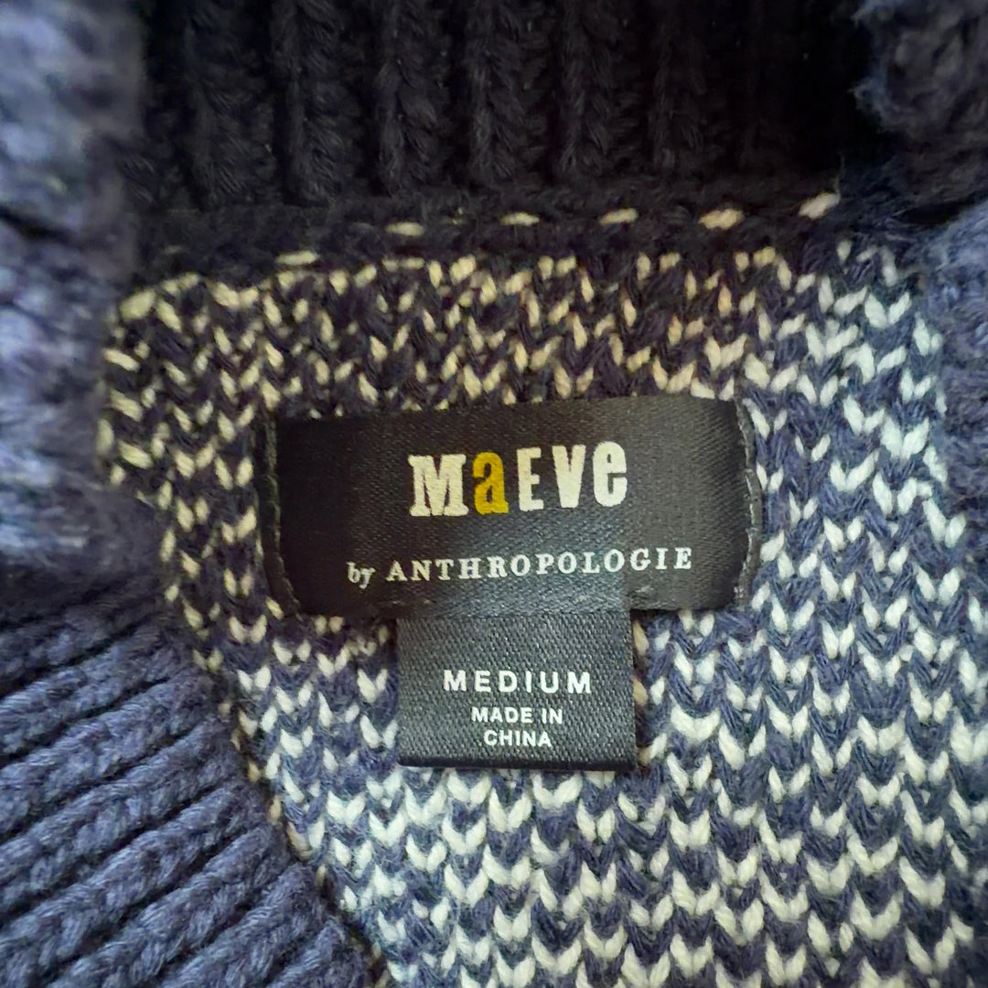 Navy floral jacquard turtleneck sweater with cream botanical pattern, back view