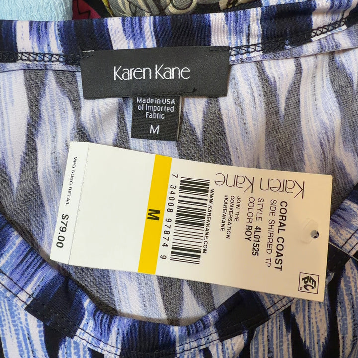 Karen Kane navy ikat print long-sleeve top with wrap-front detail, back view on model
