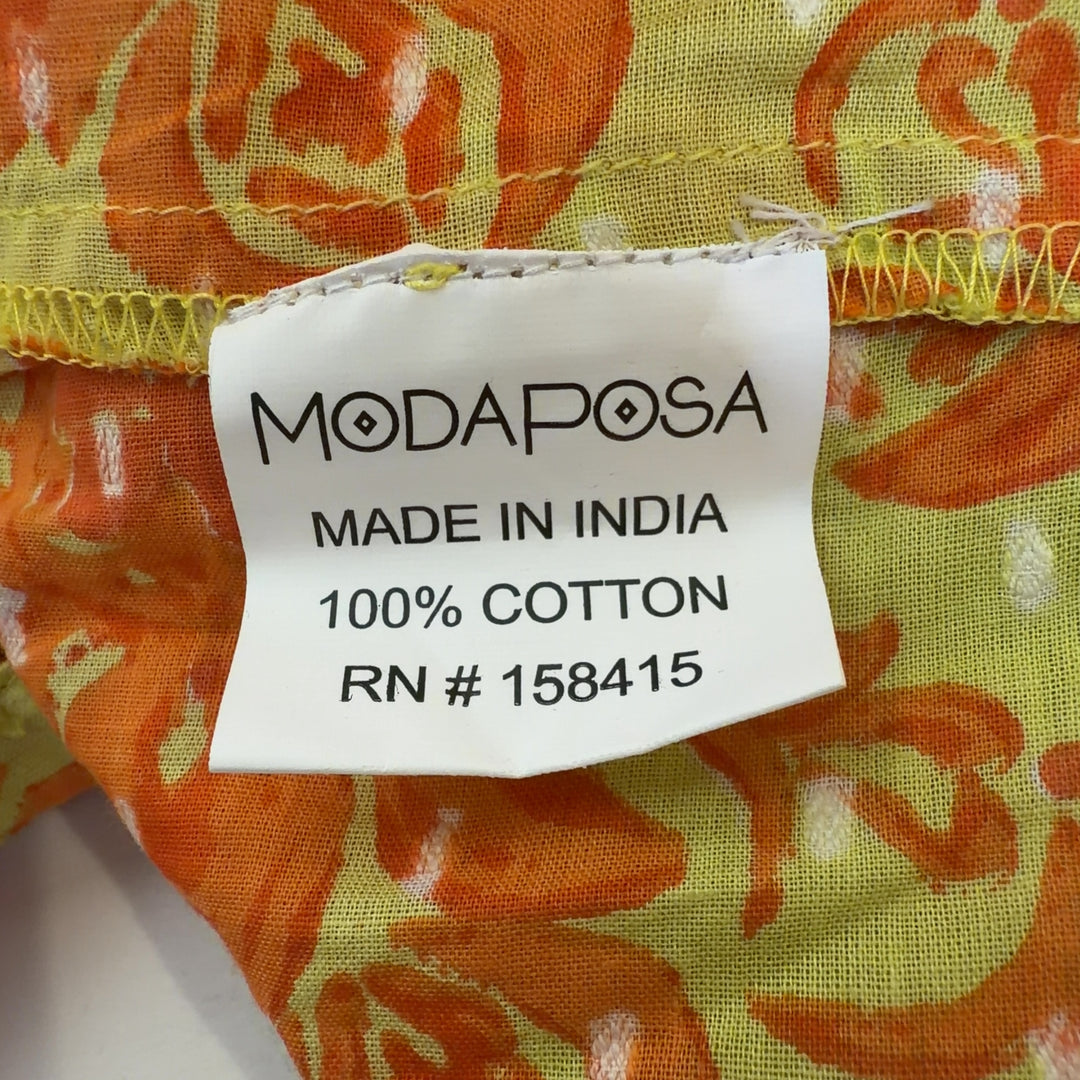 Yellow and orange floral cotton maxi dress with self-tie waist belt and flowing tiered silhouette - back view
