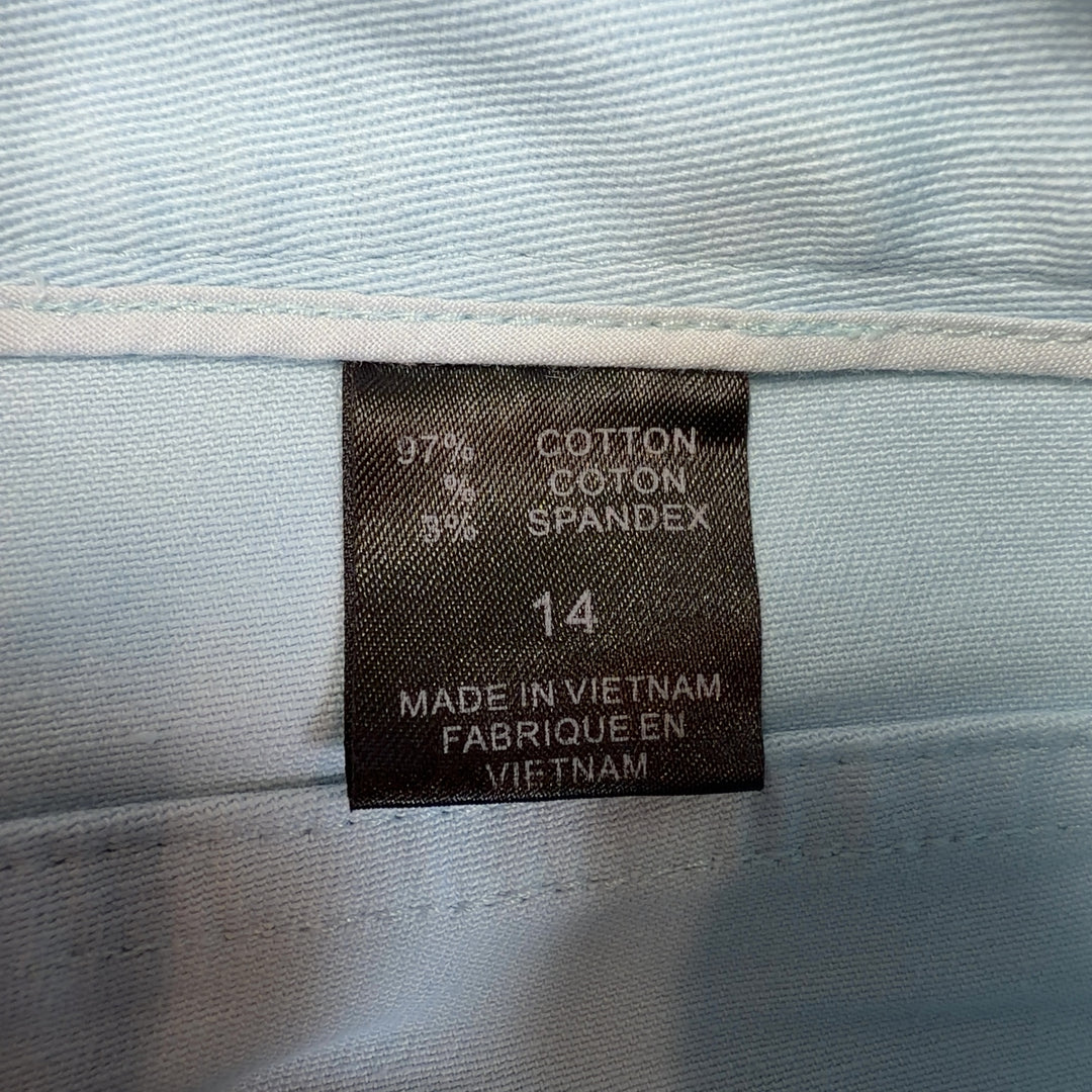 Light blue cotton-spandex straight-leg pants with high-waisted design, back view