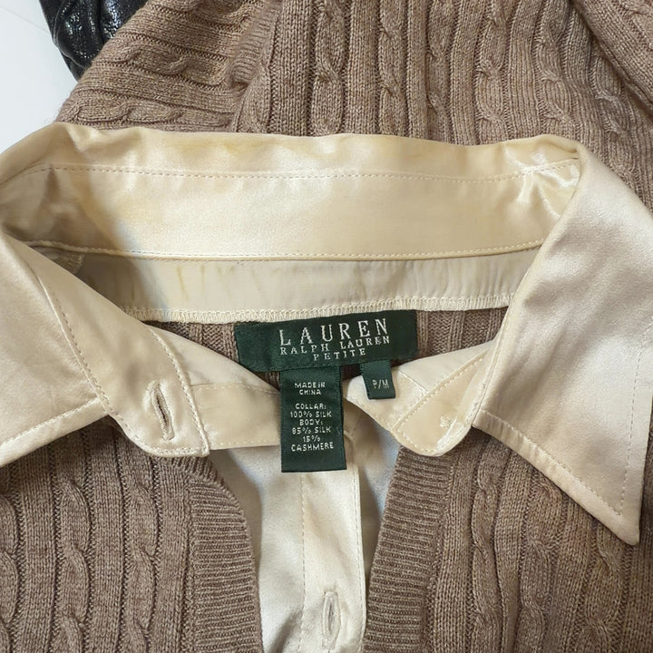 Beige cable knit cashmere and silk pullover, back view on model