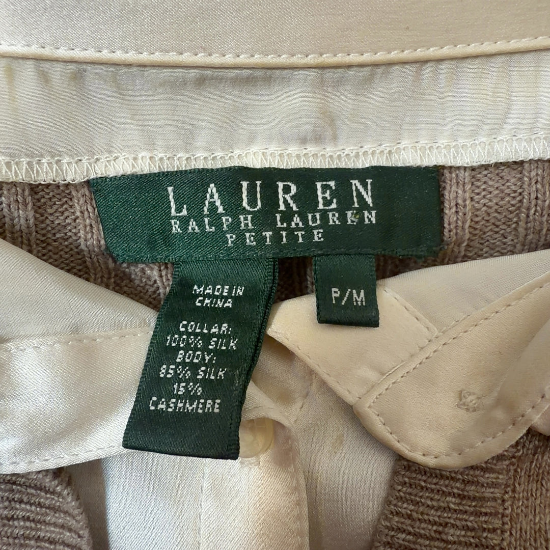Beige cable knit cashmere and silk pullover, back view on model