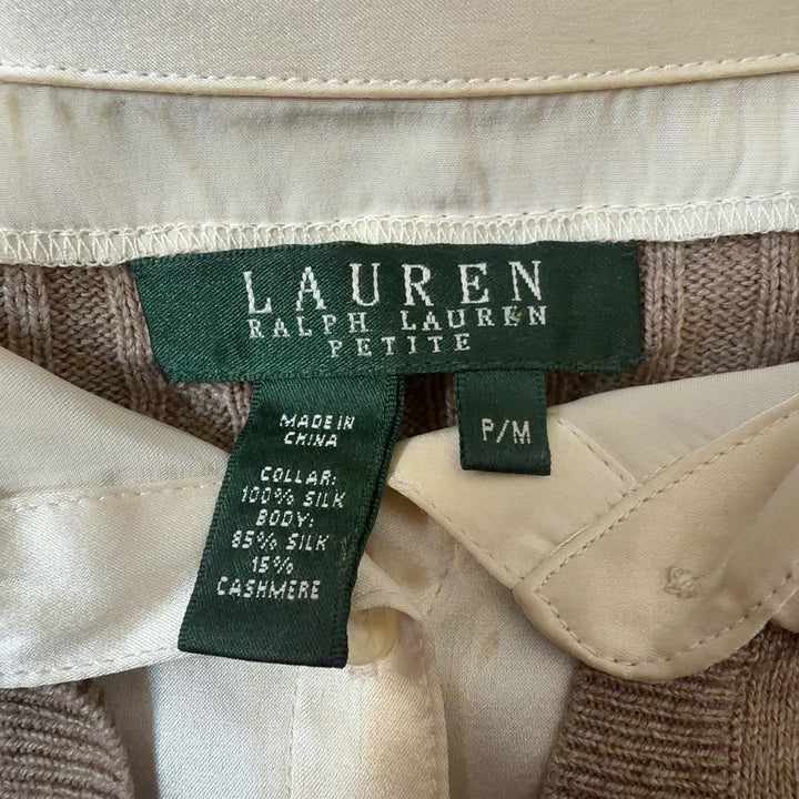 Beige cable knit cashmere and silk pullover, back view on model