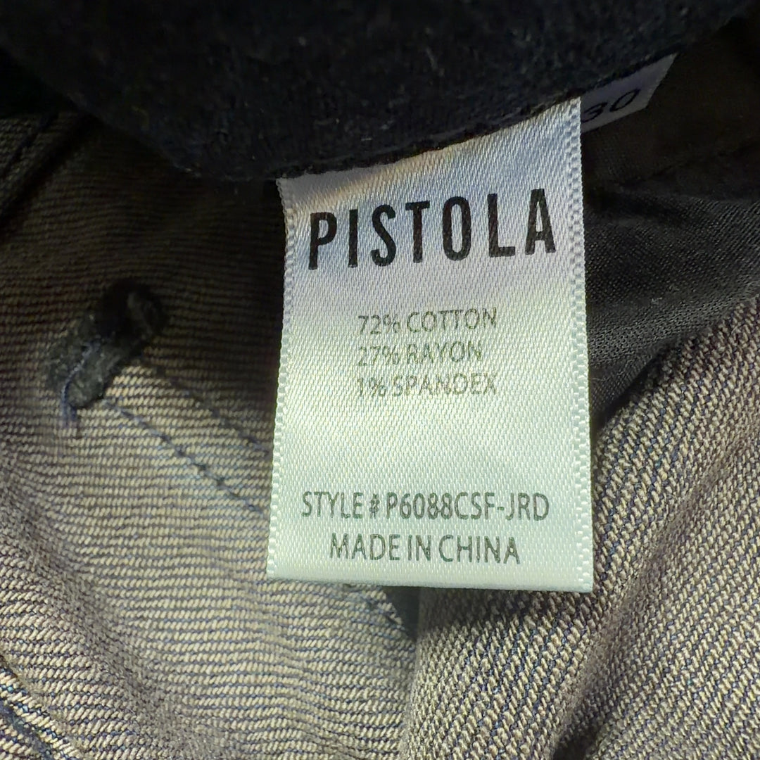 Tag view of dark blue high-waisted straight leg jeans by Pistola showing flattering silhouette and straight leg cut