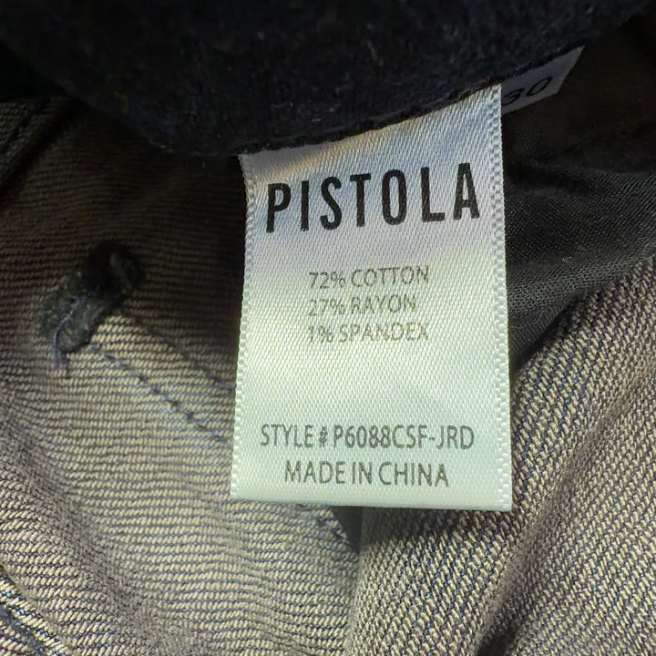 Tag view of dark blue high-waisted straight leg jeans by Pistola showing flattering silhouette and straight leg cut