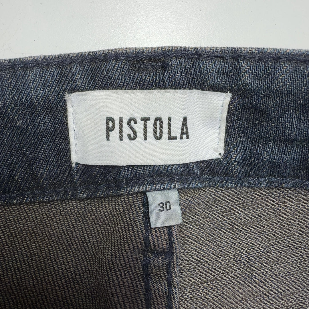 Tag view of dark blue high-waisted straight leg jeans by Pistola showing flattering silhouette and straight leg cut