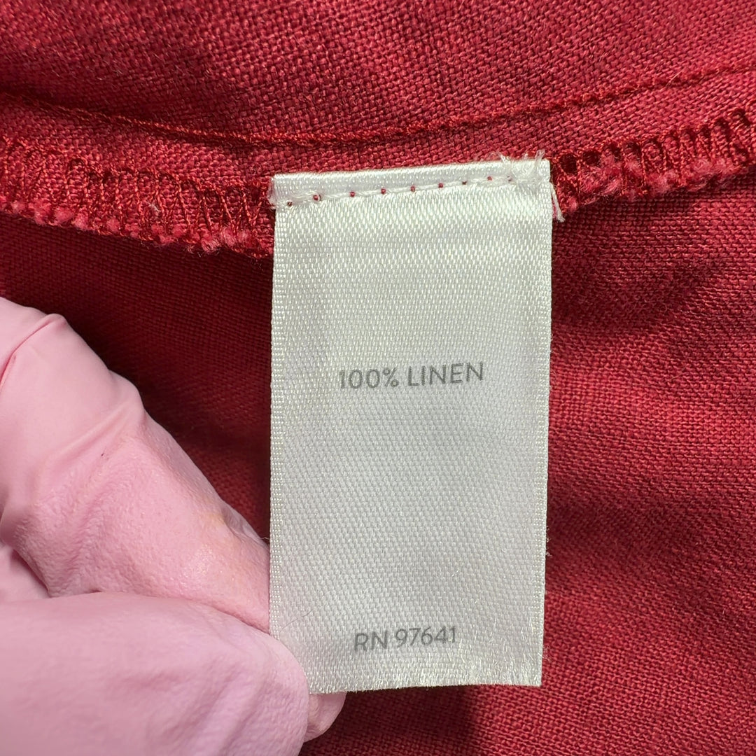 Red linen button-front shirt dress with tie detail, back view on model