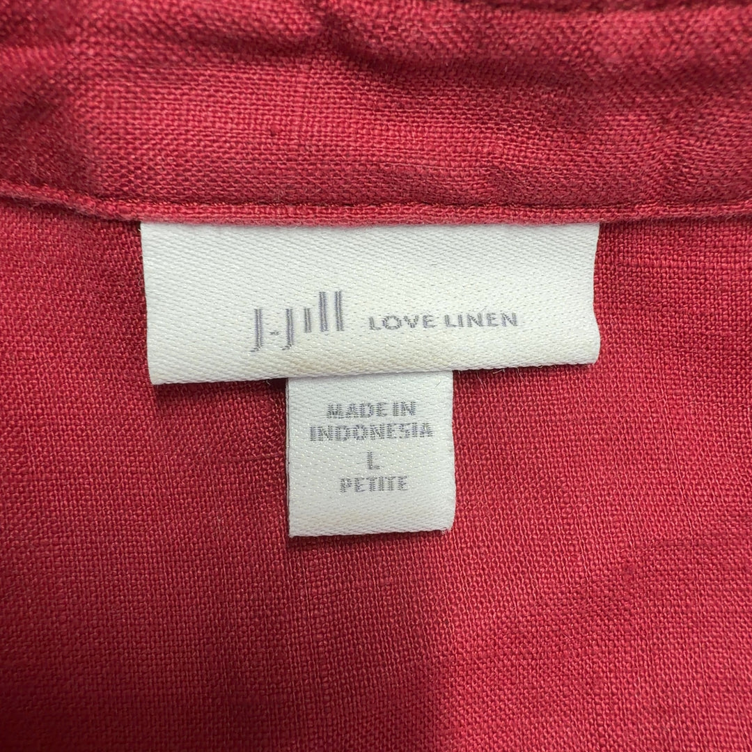 Red linen button-front shirt dress with tie detail, back view on model