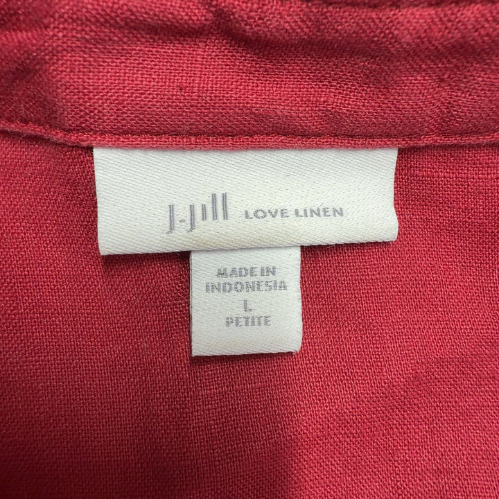 Red linen button-front shirt dress with tie detail, back view on model