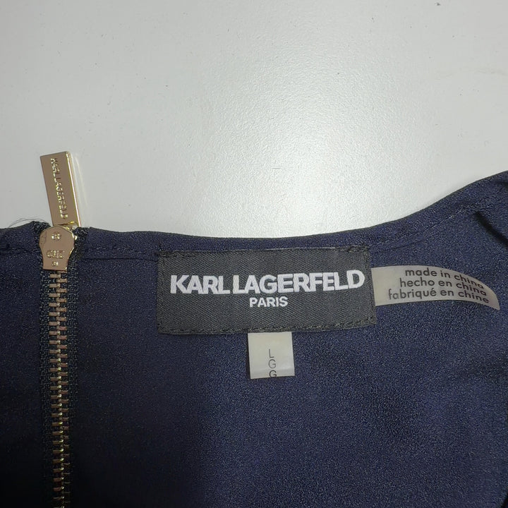 Navy lace sleeveless tank top with layered design by Karl Lagerfeld Paris, back view