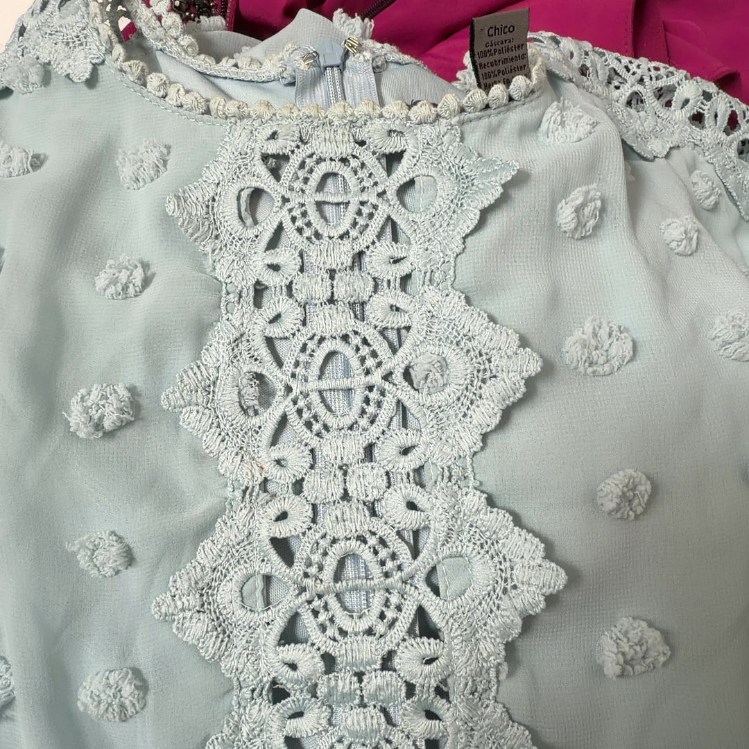 Cream textured lace mini dress with tiered ruffle hem back view