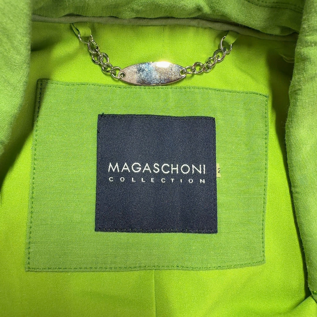 Tag view of lime green tailored blazer showing structured silhouette and button-front closure