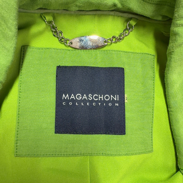 Tag view of lime green tailored blazer showing structured silhouette and button-front closure