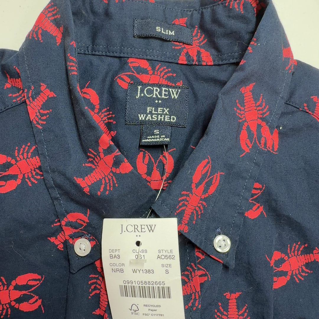 Navy short-sleeve button-up shirt with red lobster print, back view