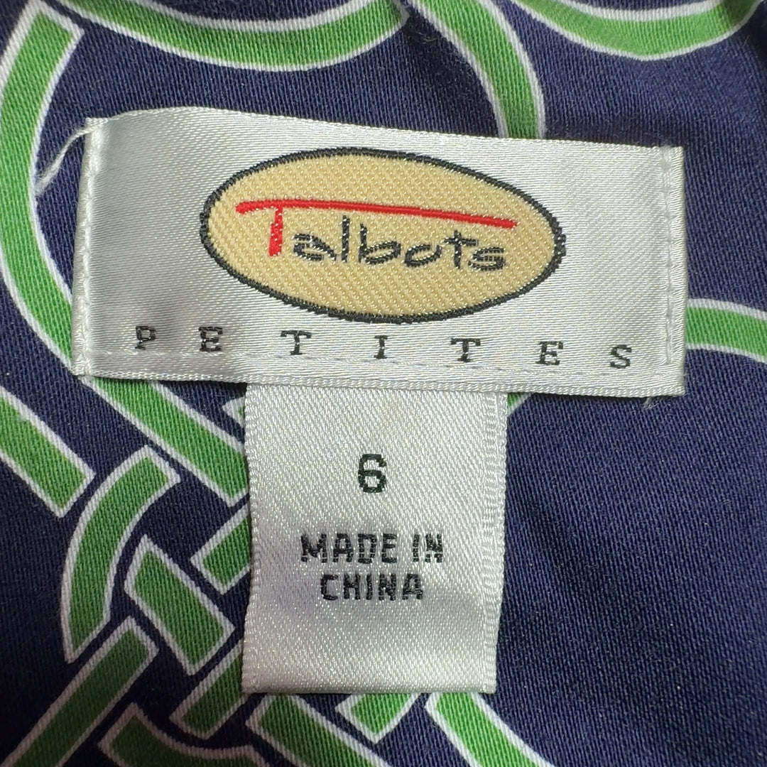 Navy and green geometric print sleeveless shift dress by Talbots, back view