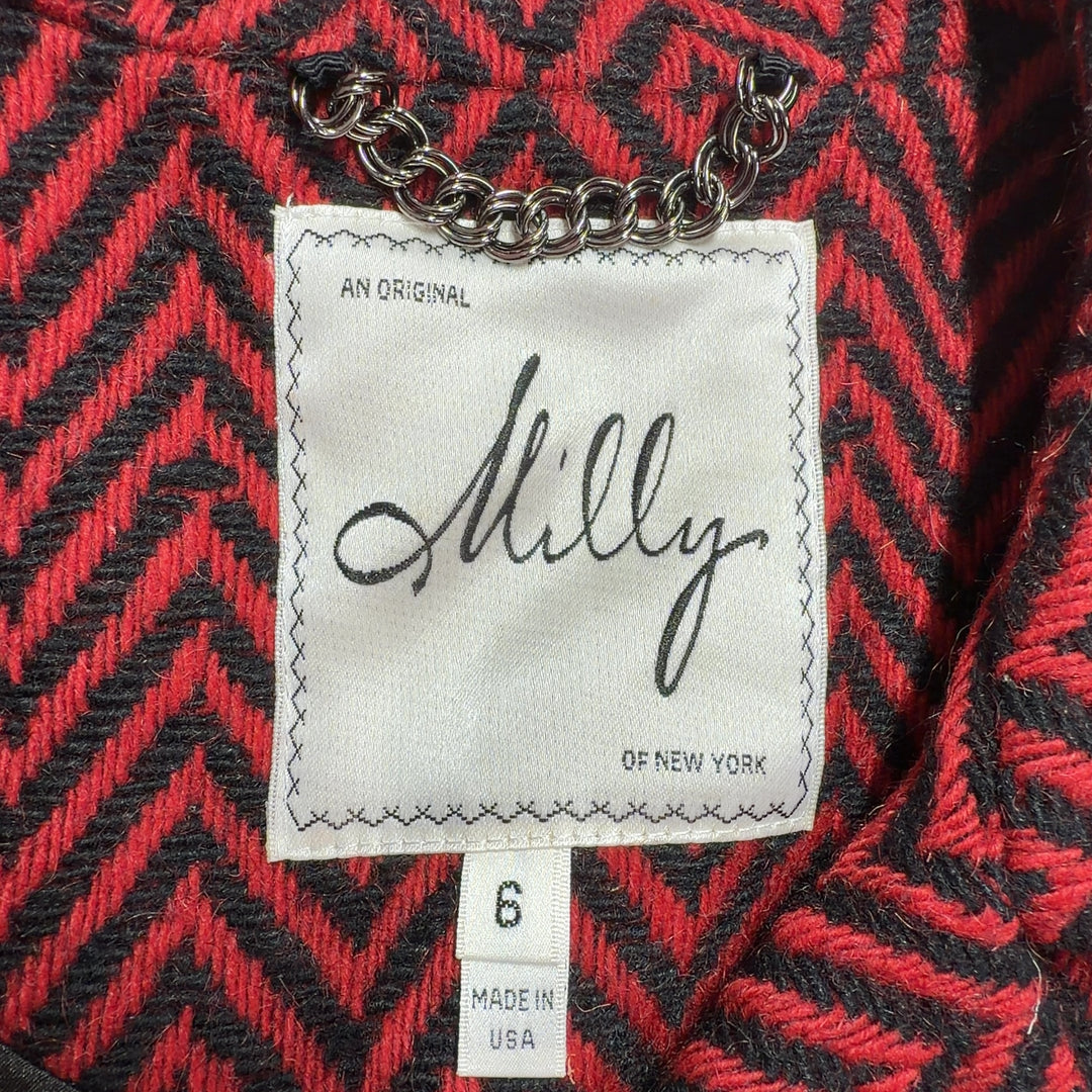 Red and black chevron wool blend blazer by Milly with tailored fit, back view
