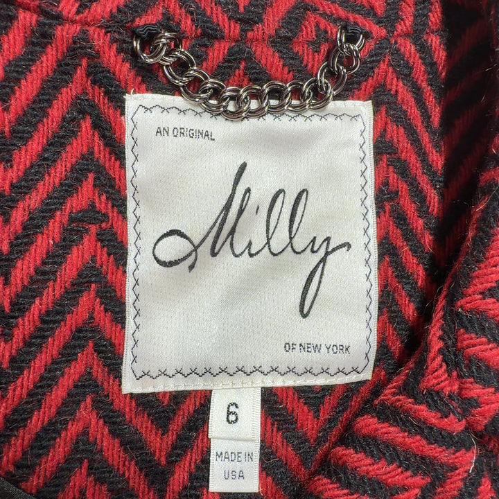 Red and black chevron wool blend blazer by Milly with tailored fit, back view