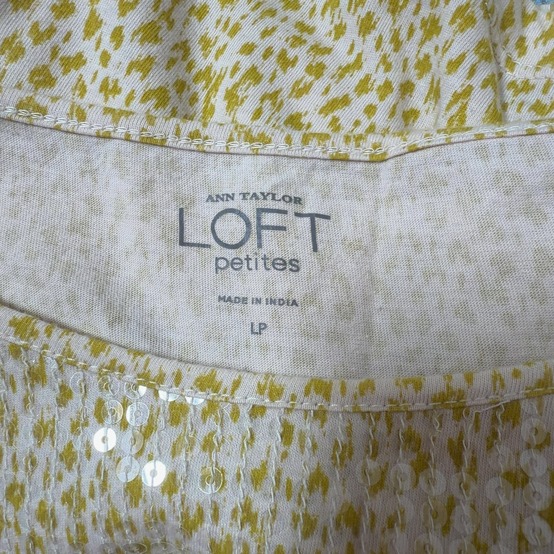 Gold sequin short sleeve top back view showing full sequin coverage and relaxed fit