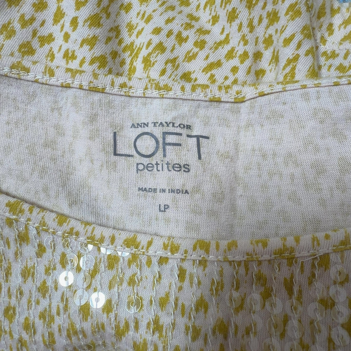 Gold sequin short sleeve top back view showing full sequin coverage and relaxed fit