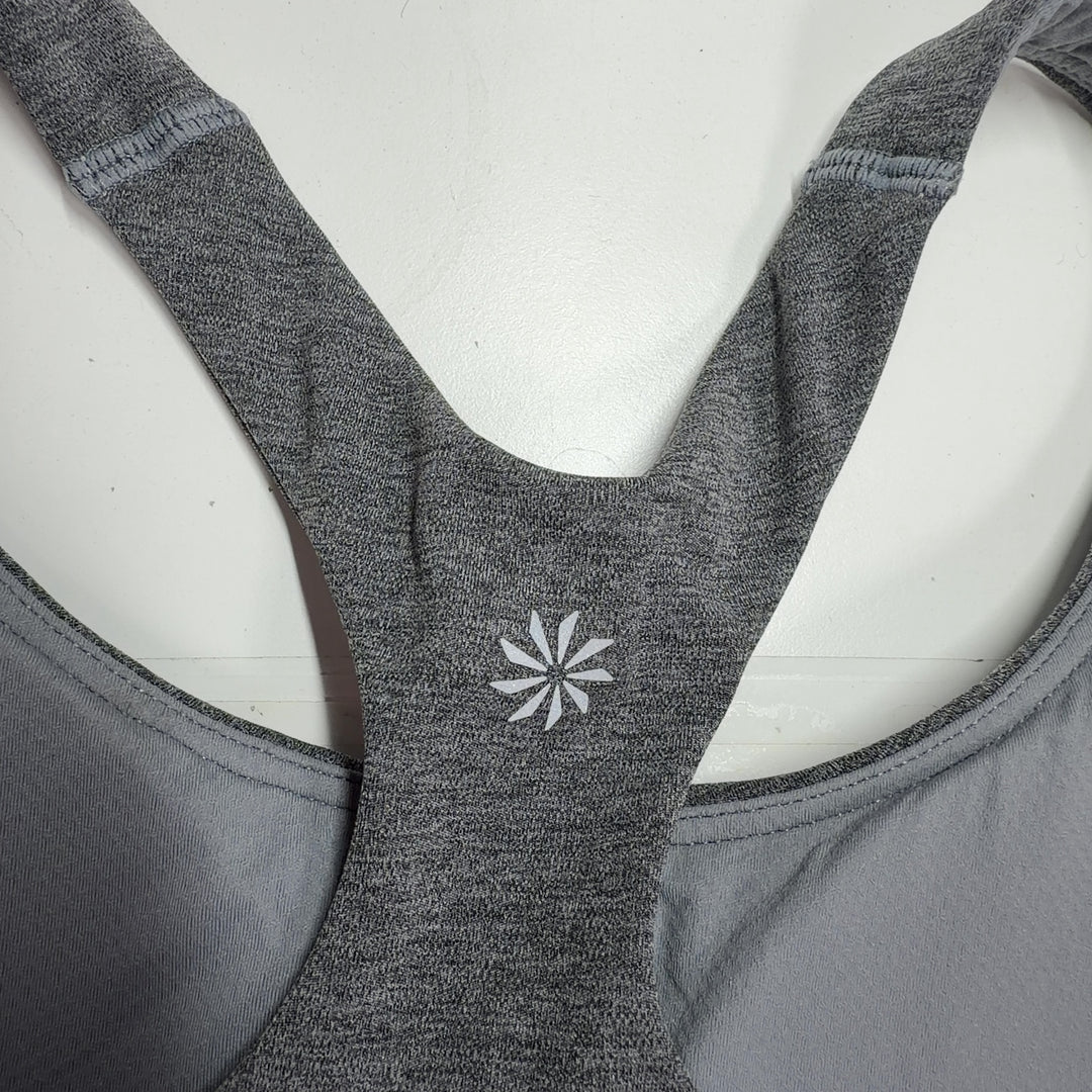Gray Athleta Racerback Sports Bra back view showing supportive racerback design