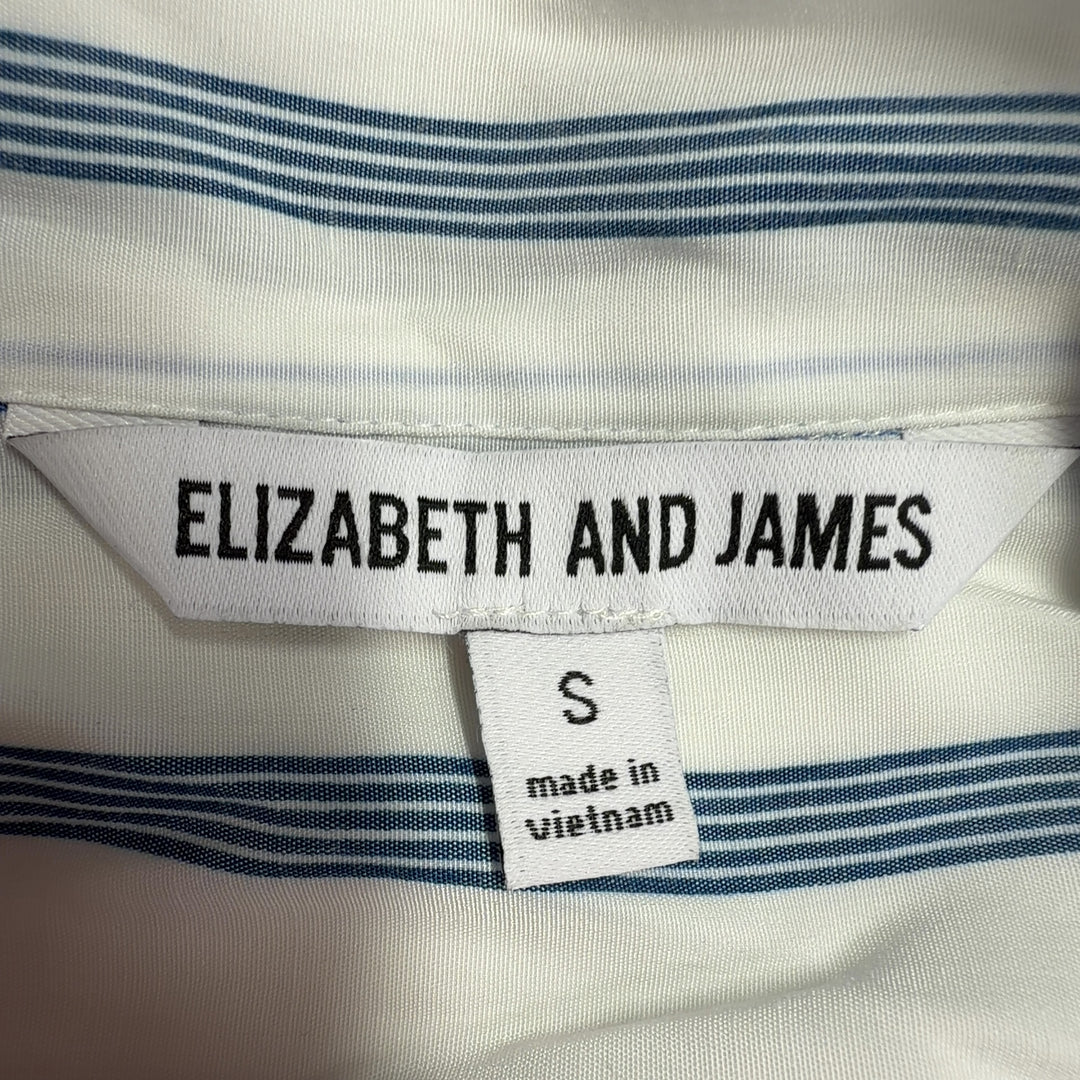 Cream and blue striped blouse with bow tie neckline by Elizabeth and James, back view